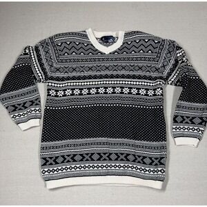 Vintage Lizsport Nordic Sweater Mens L Fair Isle Cotton V Neck Black